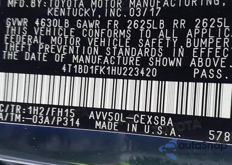 2017 Toyota Camry Hybrid Se from USA, damaged, VIN 4T1BD1FK1HU223420